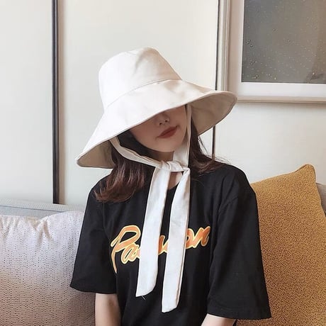 【即納】#ロングリボン つば広 バケットハット  全3色 帽子