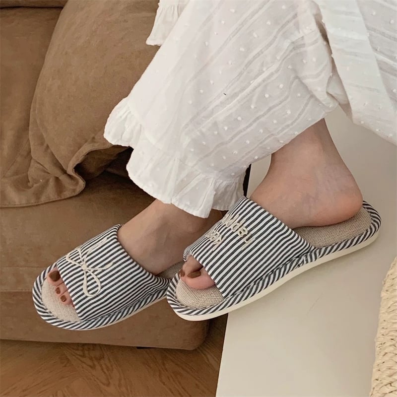リボン 刺繍 ストライプ リネン ルームシューズ 全2色 3サイズ 室内