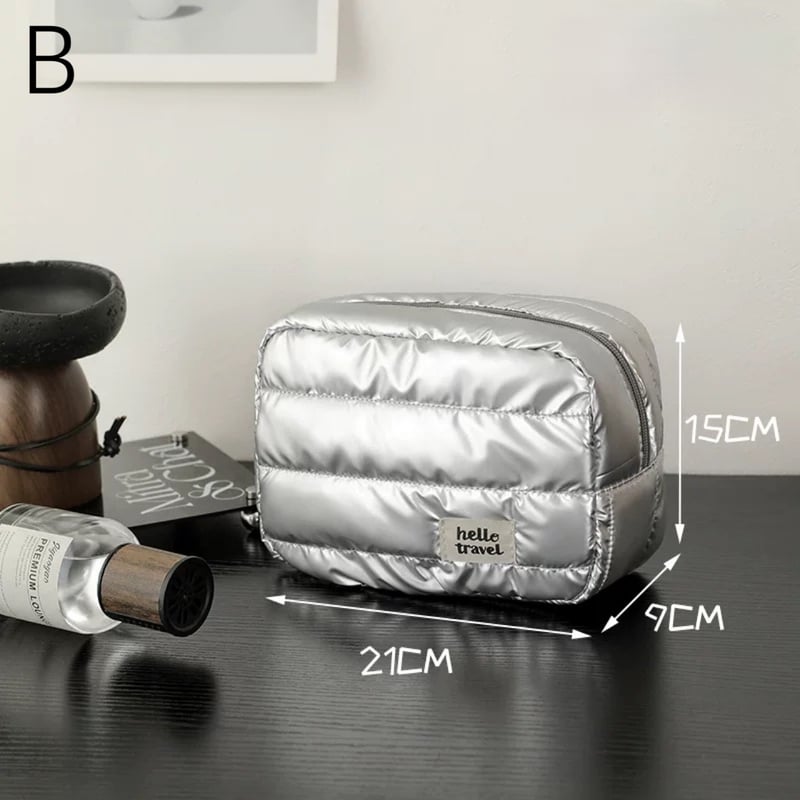 メタリックカラー 長方形 コスメ 収納 パフ ポーチ 全3色 シルバー