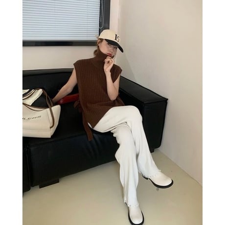【即納】#ハーフジップ リブ ニット ベスト 全5色 ハイネック