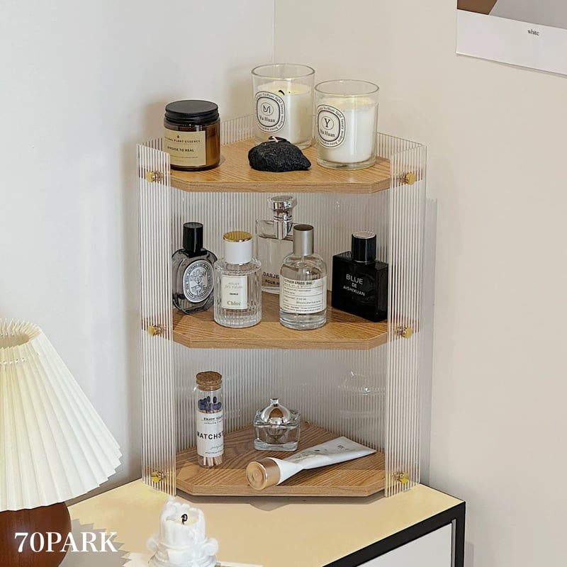 クリア アクリル 木目調 三段 収納 コーナーラック 全2色 コスメ 香水