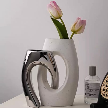 #2点セット ホワイト × シルバー セラミック フラワーベース 花瓶