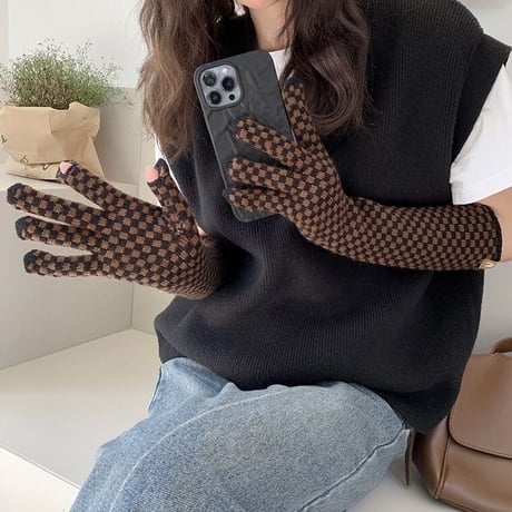 【即納】#スマホ対応 チェッカー柄 ロング グローブ 全3色 手袋