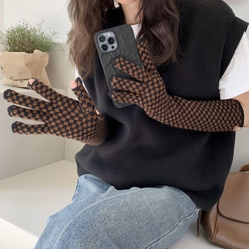 【異素材のモコモコが可愛い★】CHANEL 手袋 グローブ CCマーク 即納】#スマホ対応 チェッカー柄 ロング グローブ 全3色 手袋