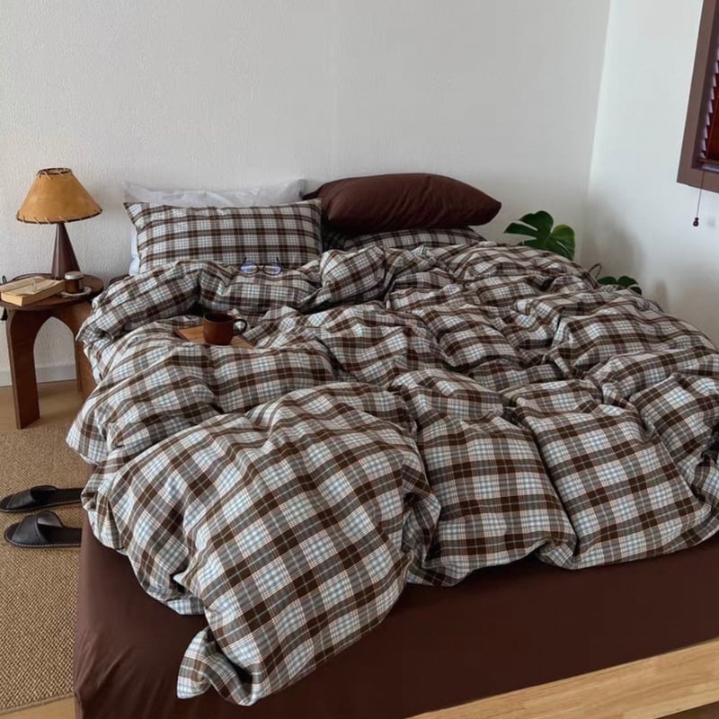 ブラウン シーツ チェック柄 コットン 布団カバーセット 全3種 オール