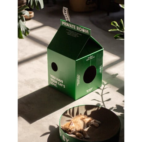 #グリーン パック型 キャットハウス 猫ハウス 爪とぎ ダンボールハウス