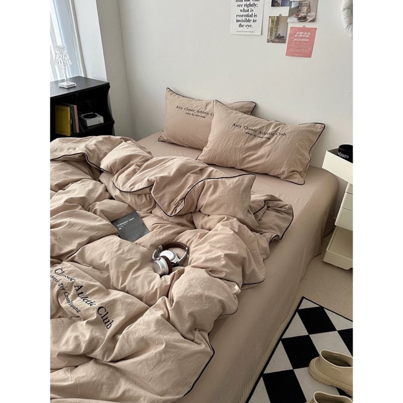 無地 パイピング レタリング 布団カバーセット 全4色 ベッドカバー