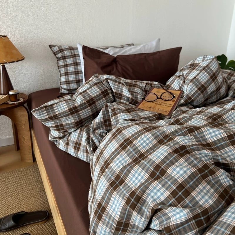 ブラウン シーツ チェック柄 コットン 布団カバーセット 全3種 オール