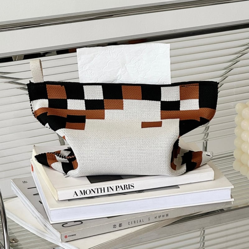 モザイク柄 ニット ティッシュケース 全2色 カバー 吊り下げ