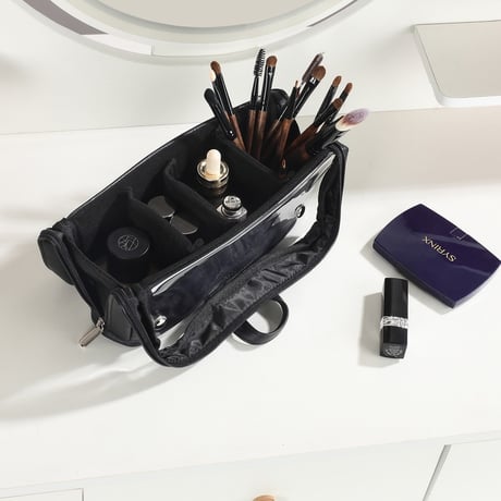 #大容量 クリア ブラック 自立式 縦型 コスメ 収納 ポーチ トラベルポーチ ブラシ収納