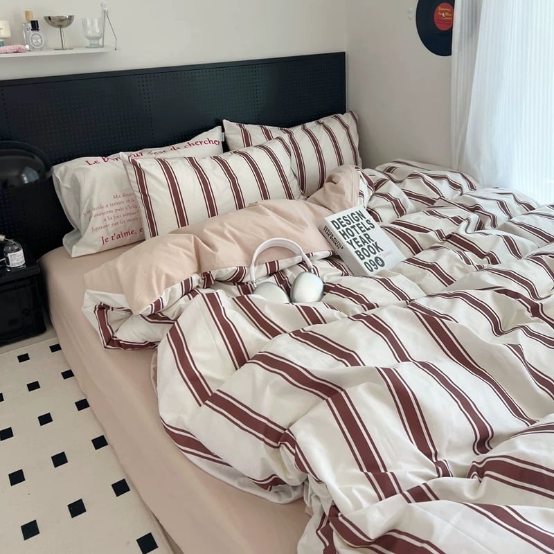 レトロ レッド ストライプ 布団カバーセット 全2種 オールシーズン