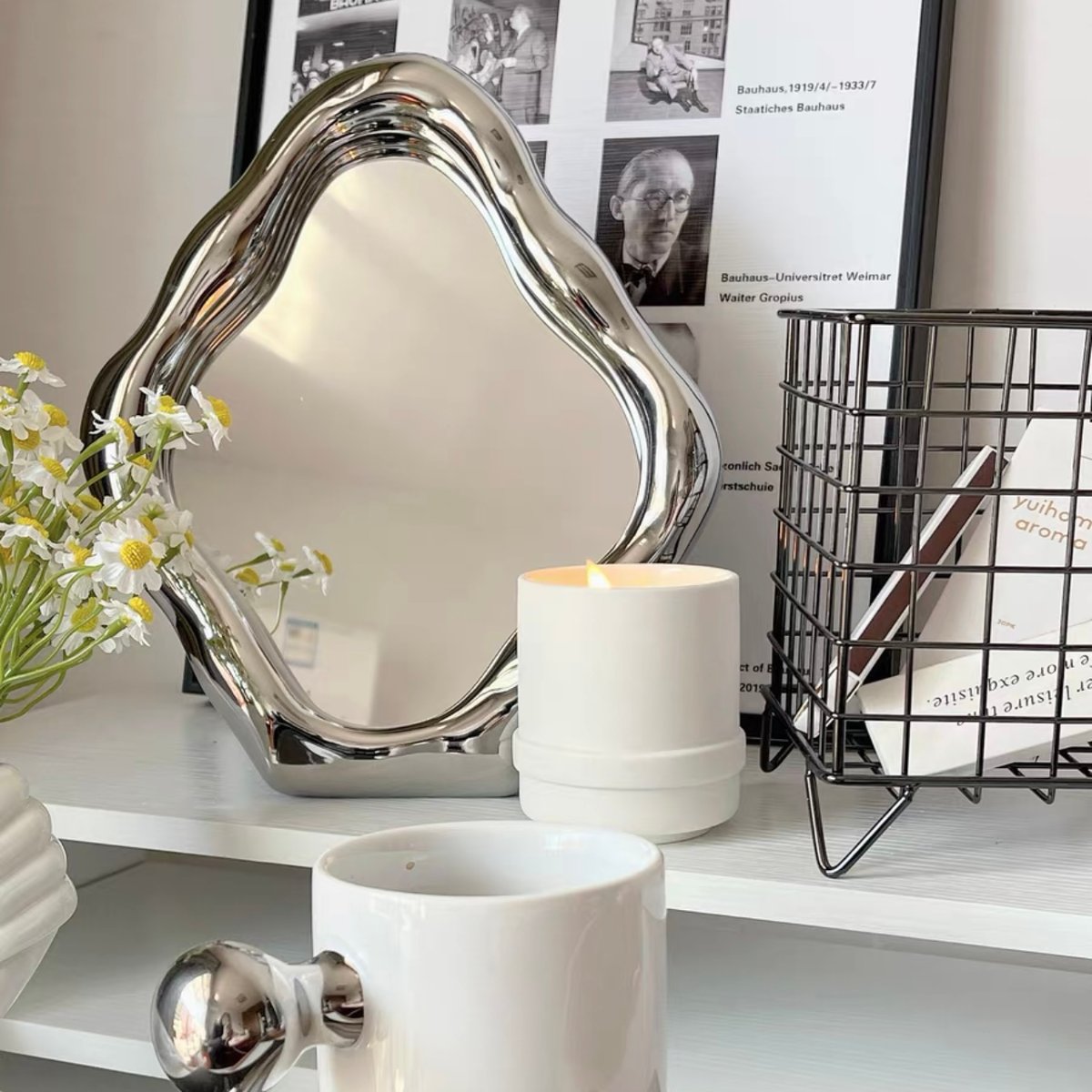 シルバー ニュアンス フレーム ミラー 鏡 卓上 壁掛け | 70PARK