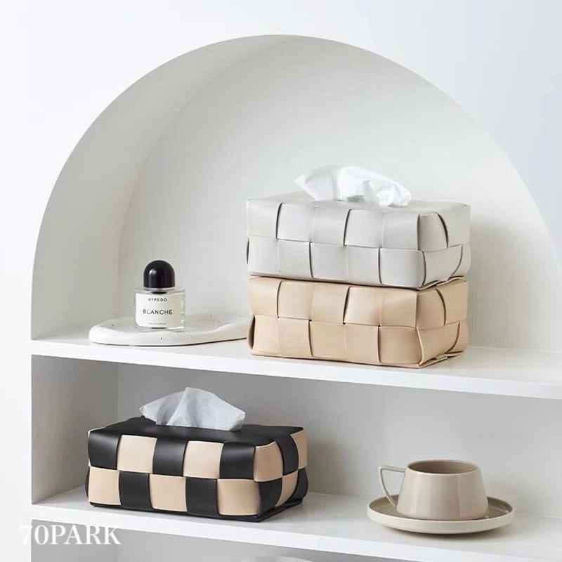 即納】#編み込み フェイクレザー ティッシュケース 全6色 チェッカー柄