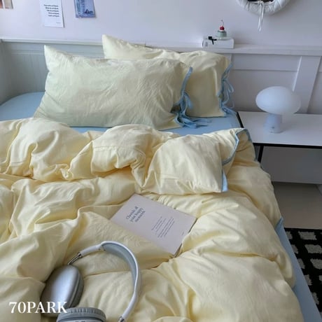 #イエロー サイドリボン 無地 パイピング 布団カバーセット 全2サイズ ベッドカバー オールシーズン 通年