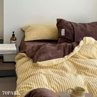 #イエロー ブラウン ピン ストライプ コットン フリース 冬用 布団カバーセット 全2サイズ