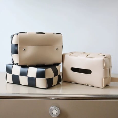 【即納】#編み込み フェイクレザー ティッシュケース 全6色 チェッカー柄
