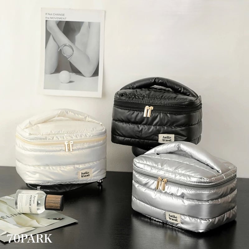 メタリックカラー 大容量 コスメ 収納 パフ ポーチ 全3色 シルバー