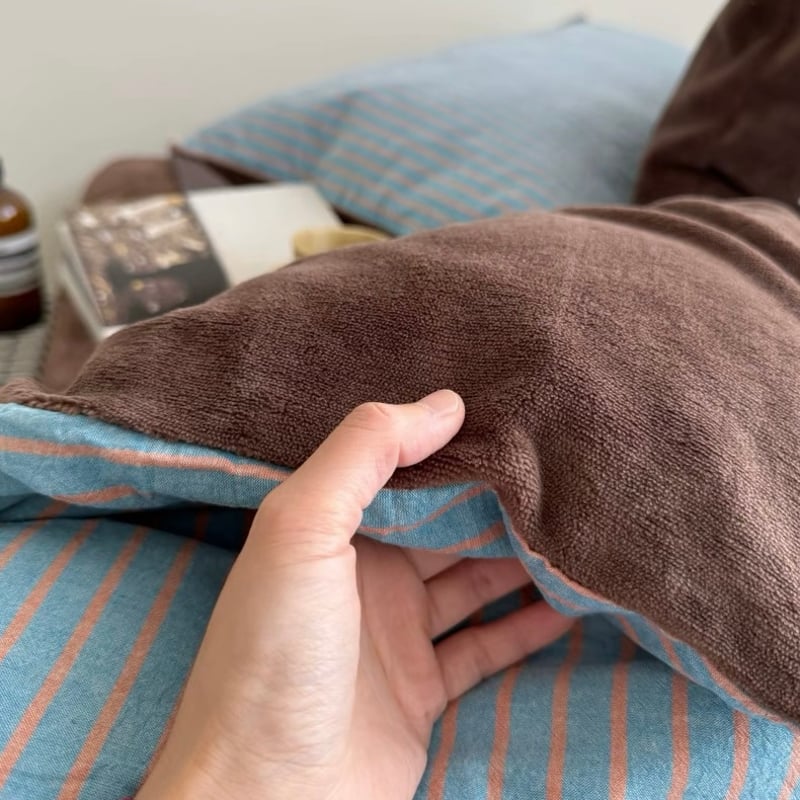 ブルー ブラウン ピン ストライプ コットン フリース 冬用 布団カバー
