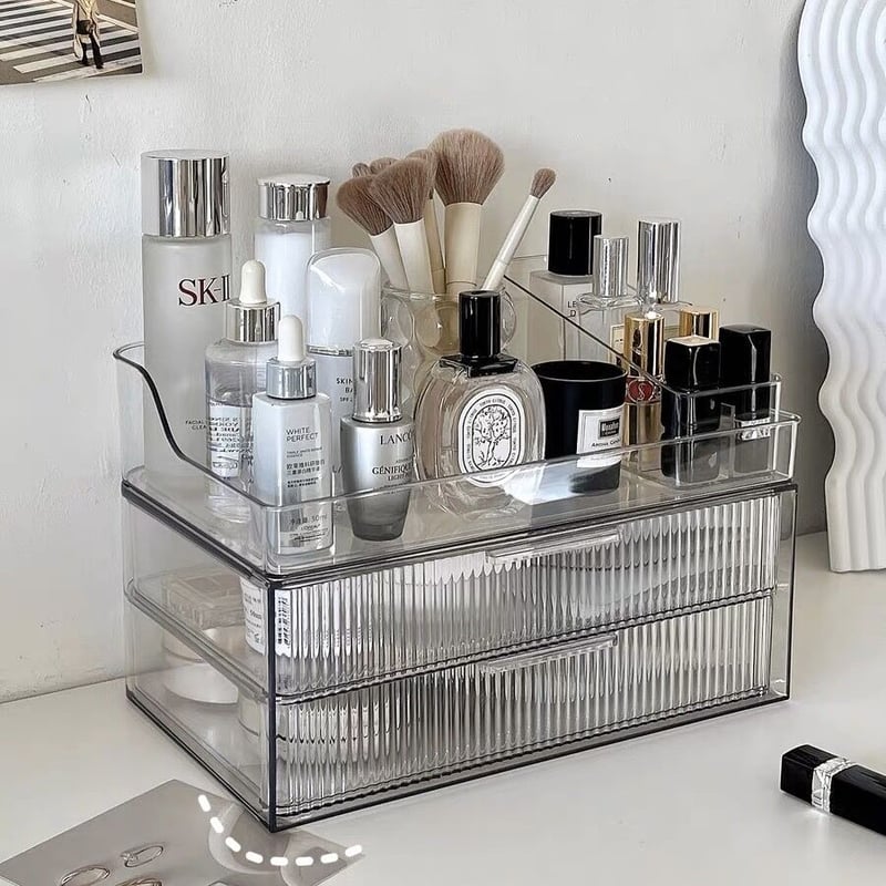 クリア ストライプ模様 二段 引き出し コスメ 収納 | 70PARK