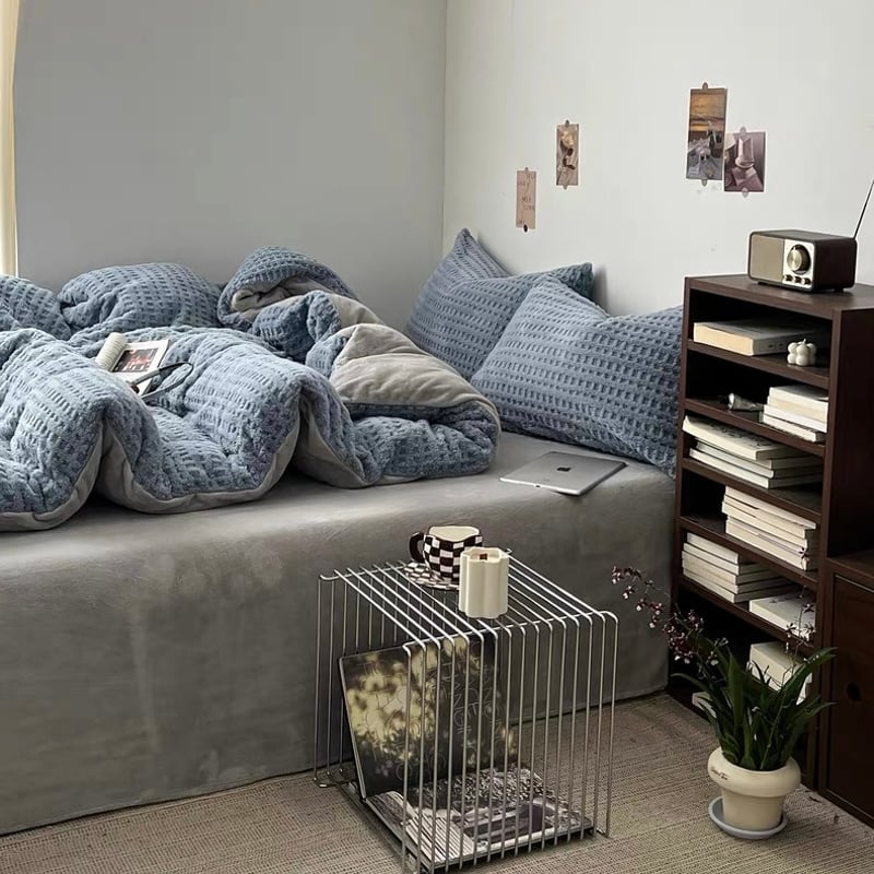 ブルー グレー 厚手 ミルク フリース 冬用 布団カバーセット 全2サイズ