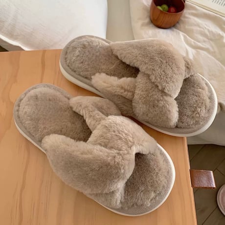 #クロス フェイクファー もこもこ ルームシューズ 全3色 室内 スリッパ