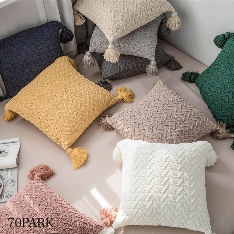 即納】#タッセル付き ケーブル ニット クッションカバー 全9色 | 70PARK