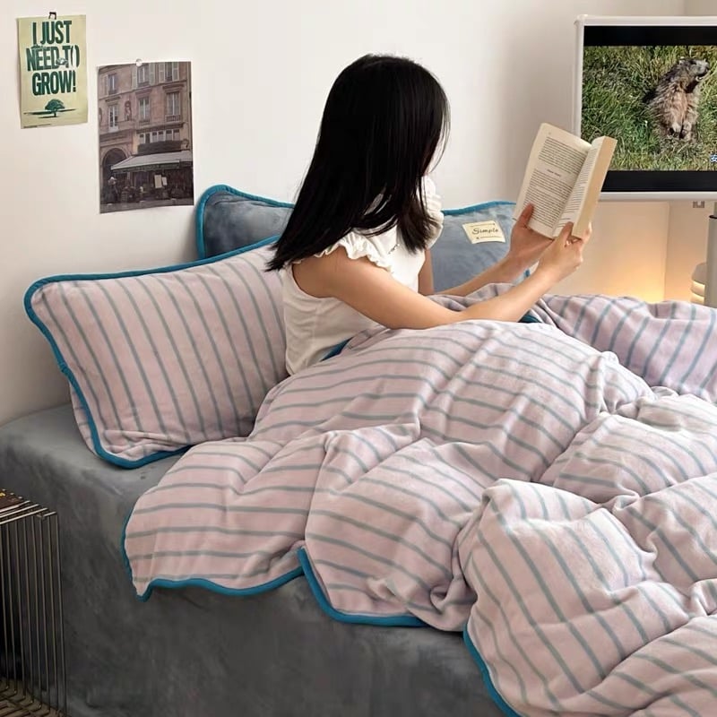 ブルー ストライプ パイピング 厚手 ミルク フリース 冬用 布団カバー