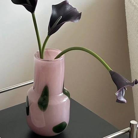 #グリーン ドット ピンク ガラス フラワーベース 花瓶