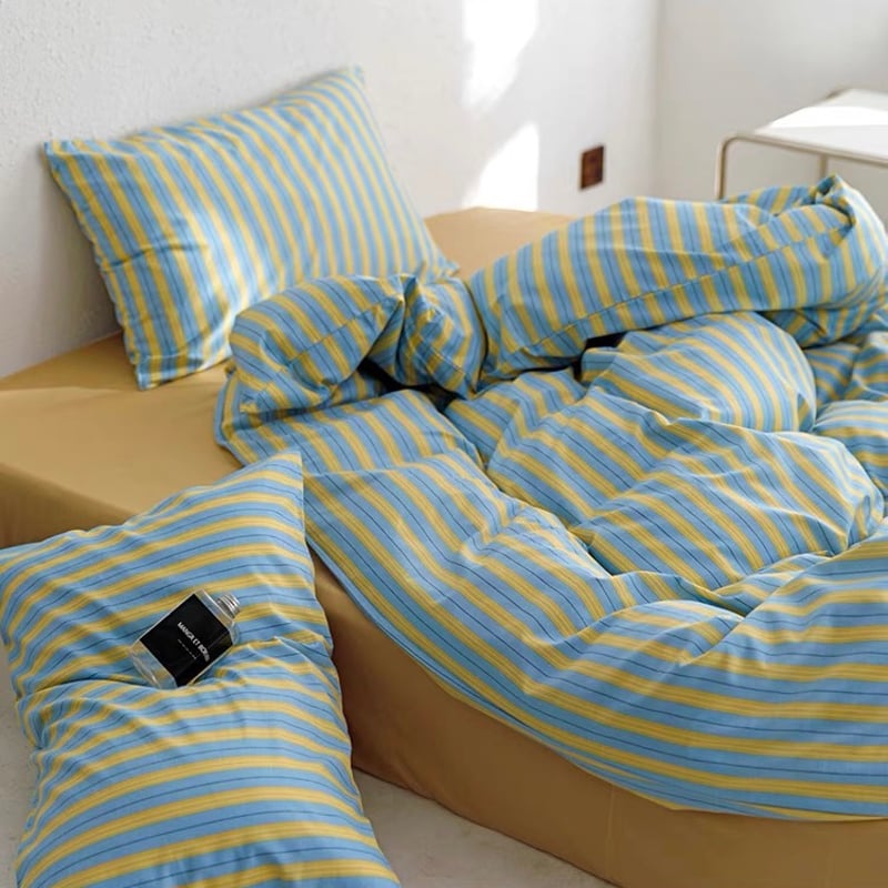 ブルー イエロー ストライプ 布団カバーセット 全2種 ベッドカバー