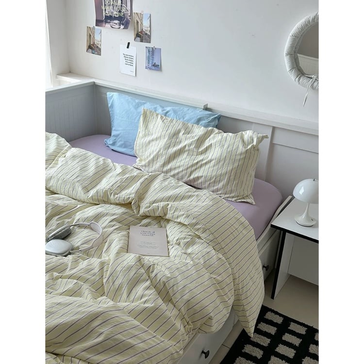 イエロー ミックス ストライプ柄 布団カバーセット 全2サイズ