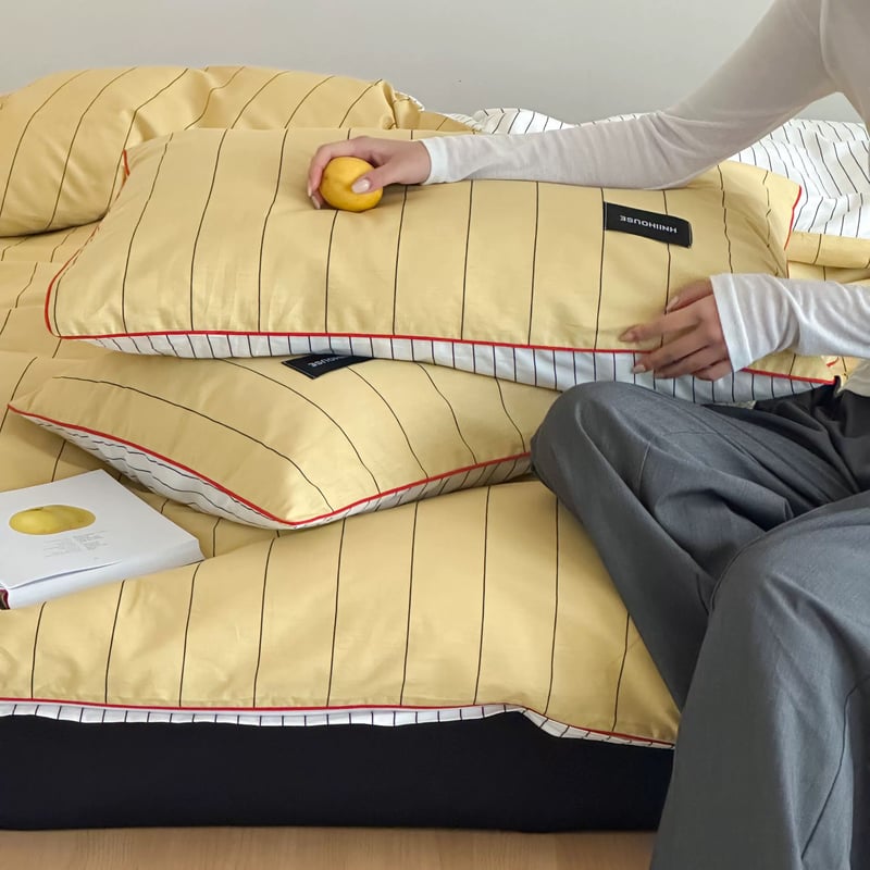 イエロー 両面 ストライプ コットン 布団カバーセット 全2種 ベッド