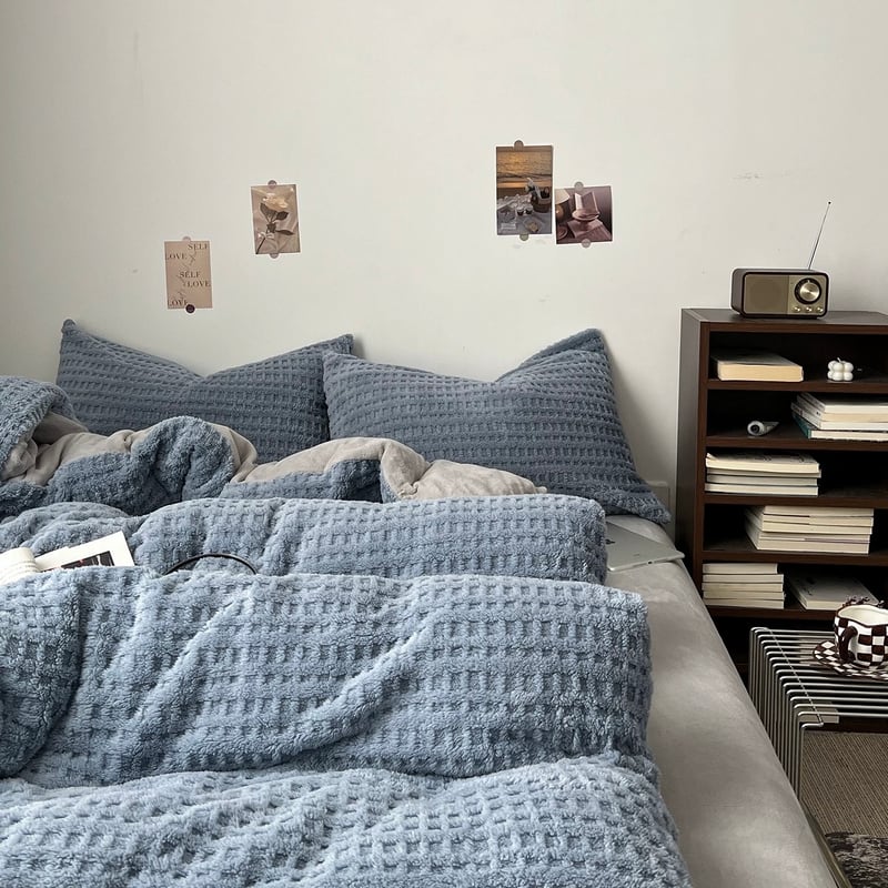 ブルー グレー 厚手 ミルク フリース 冬用 布団カバーセット 全2サイズ