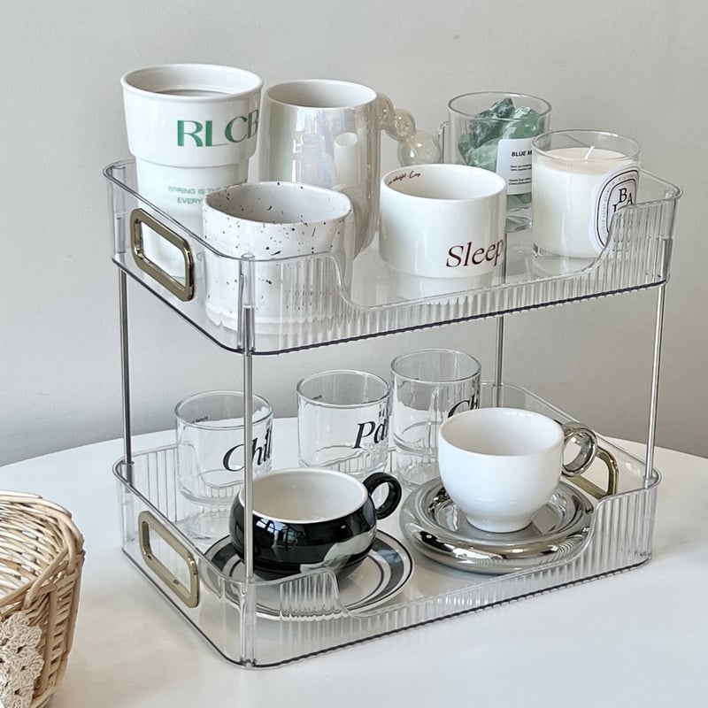 クリア ストライプ模様 2段 コスメ 収納 ラック 全2色 | 70PARK