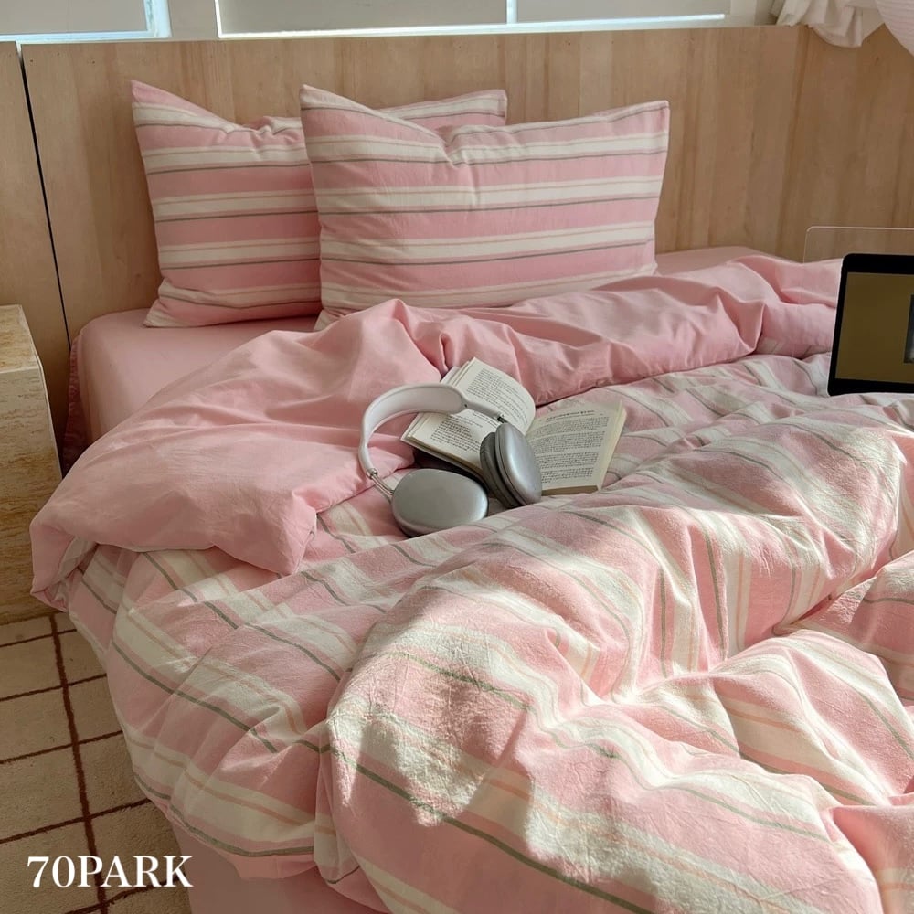 カラー マルチストライプ コットン 布団カバーセット 全3色 ベッド