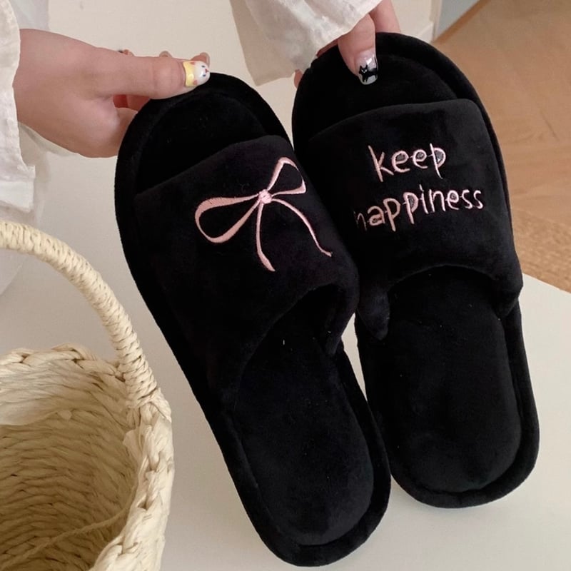 リボン 刺繍 デザイン ルームシューズ 全3色 3サイズ 室内 スリッパ