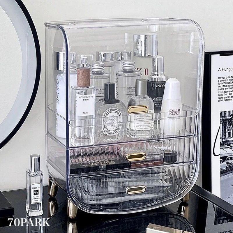 即納】#クリア ゴールド 蓋付き 大容量 コスメ ボックス 収納 | 70PARK