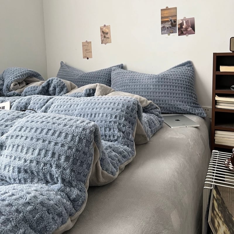 ブルー グレー 厚手 ミルク フリース 冬用 布団カバーセット 全2サイズ