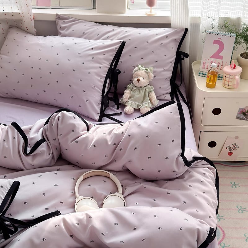 新品新入荷☆薔薇と薄いパープルリボン柄シングル掛け布団カバー枕と