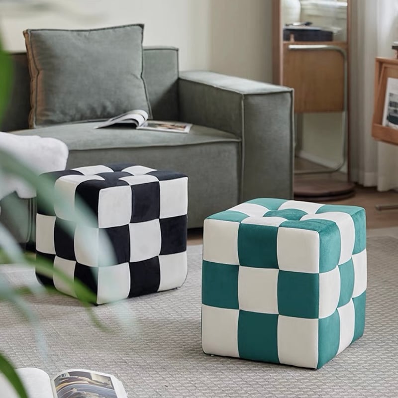 blocco cubeスツール正方形オットマン オレンジ×白のツイード blocco
