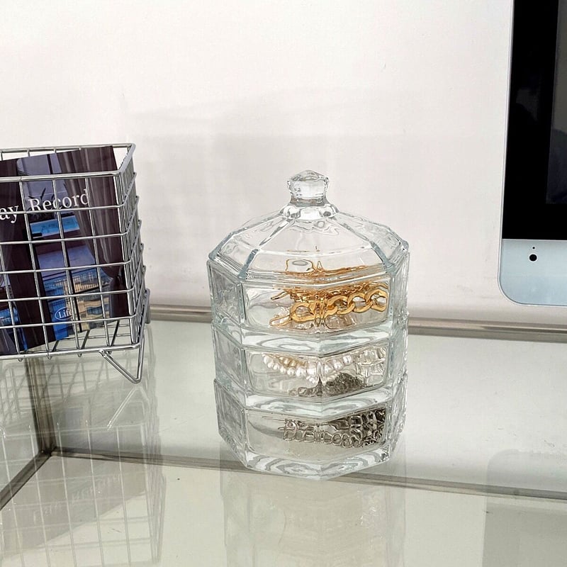 クリア ガラス 蓋付き 三段 小物入れ トレイ 収納 | 70PARK