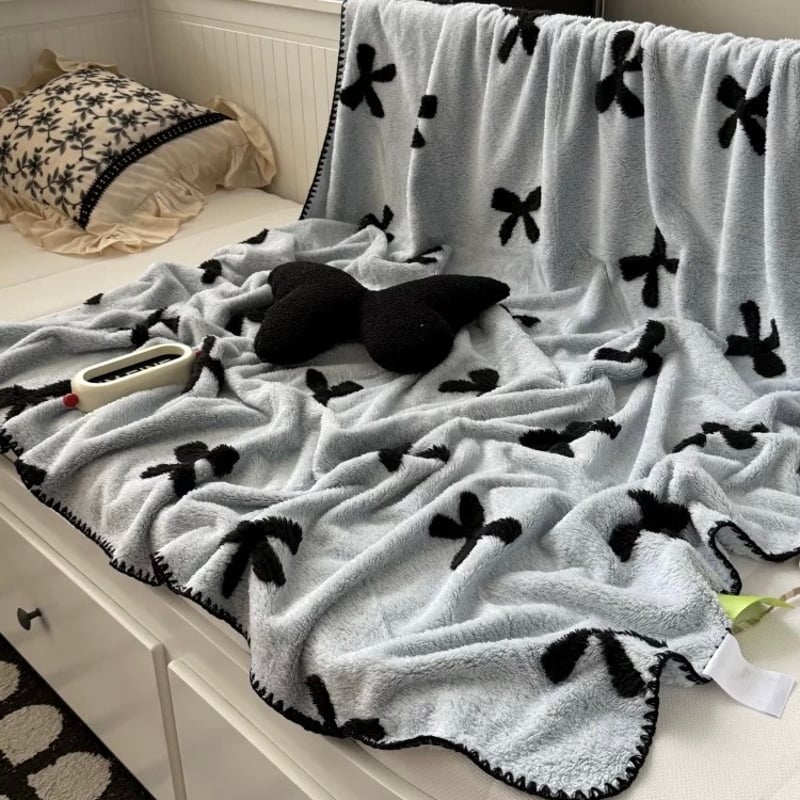 ブルー リボン パターン ステッチ ブランケット 150×200 膝掛け