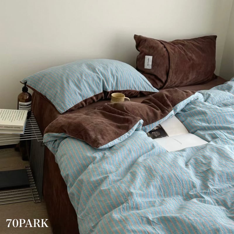 ブルー ブラウン ピン ストライプ コットン フリース 冬用 布団カバー