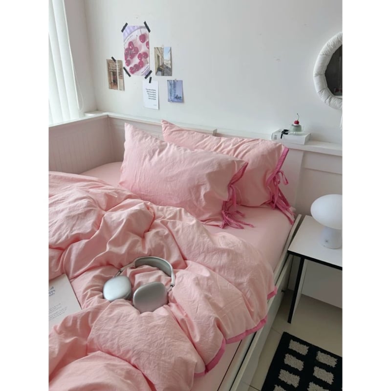 ピンク サイドリボン 無地 パイピング 布団カバーセット 全2サイズ