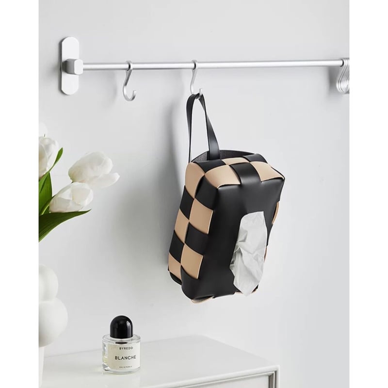 レザー織りチェック柄ののティッシュ収納ボックス　ブラック IXC (イクスシー) IXC Leather tissue box イクスシーオリジナル