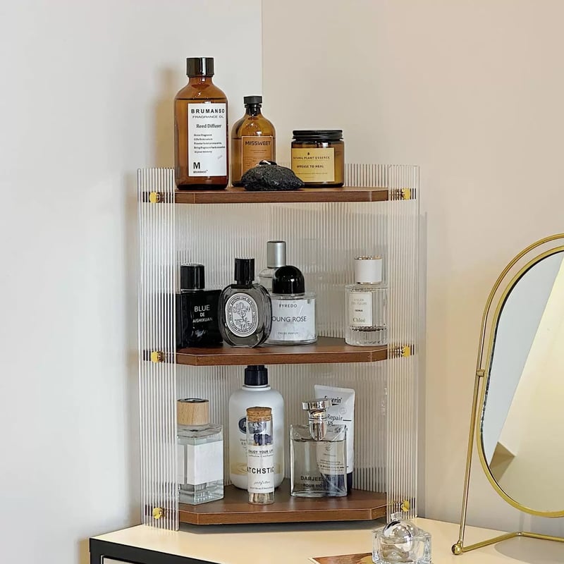 クリア アクリル 木目調 三段 収納 コーナーラック 全2色 コスメ 香水
