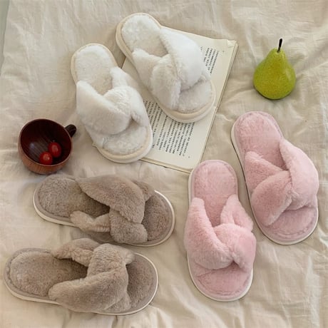 #クロス フェイクファー もこもこ ルームシューズ 全3色 室内 スリッパ