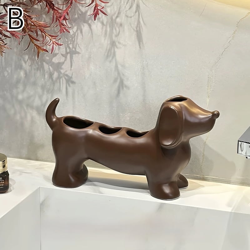 ダックスフンド モチーフ セラミック 歯ブラシスタンド 全3色 犬 収納