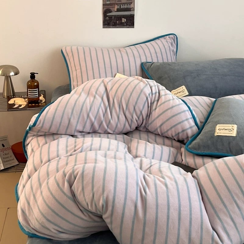 ブルー ストライプ パイピング 厚手 ミルク フリース 冬用 布団カバー