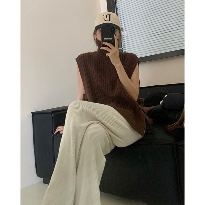 即納】#ハーフジップ リブ ニット ベスト 全5色 ハイネック | 70PARK