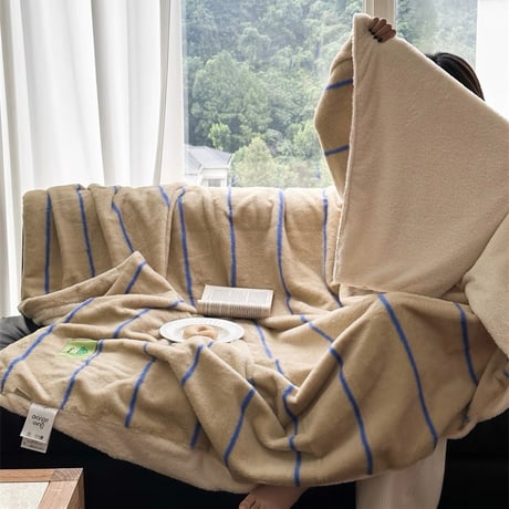 #ベージュ ブルー ストライプ柄 ふわふわ ソフト ブランケット 150×200 毛布 膝掛け